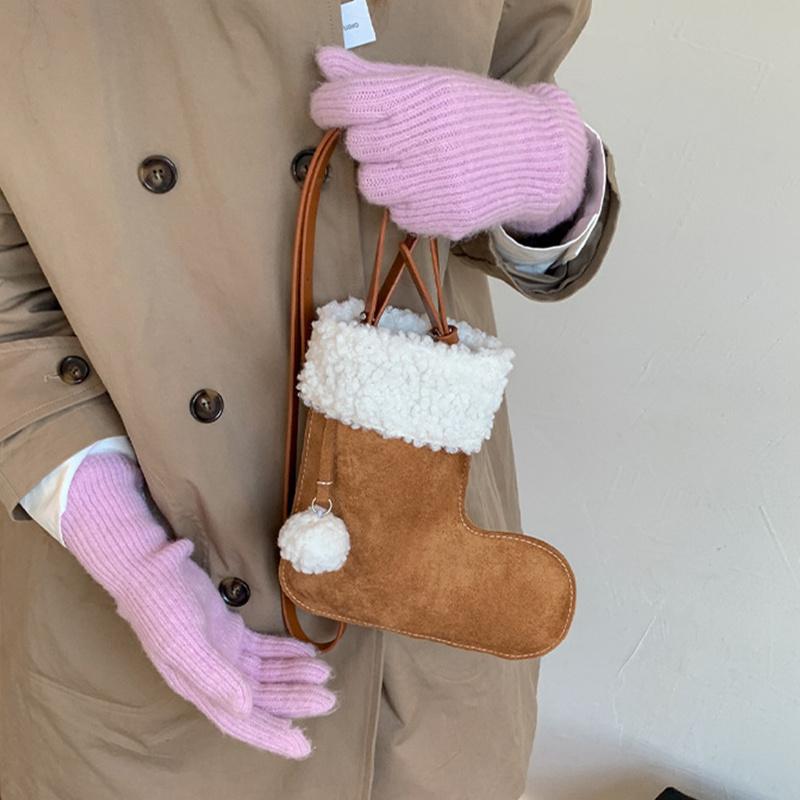 Portable Simple Style Suede Crossbody Bag Fluffy Lightweight Lamb Shoulder Bag Travel Christmas Sock Bag Women CLE