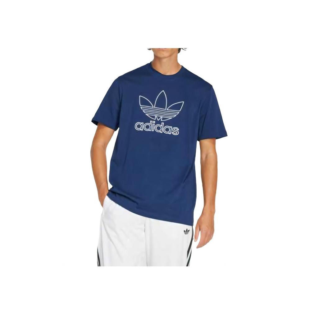 Adidas Футболка Originals Adicolor Trefoil Tee Outline, удобная, приятная для кожи, универсальная, с круглым вырезом и коротким рукавом, мужские топы, темно-синего цвета JP1089