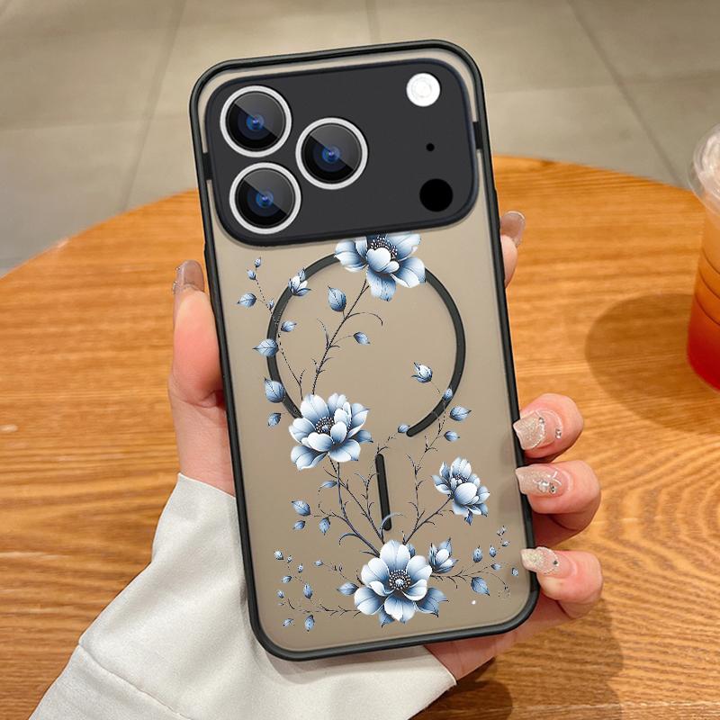 Translucent Matte Magnetic Case For iPhone 17 16 15 Pro 14 13 Pro Max 16e 17e For Magsafe Floral Pattern Hard PC Phone Cover