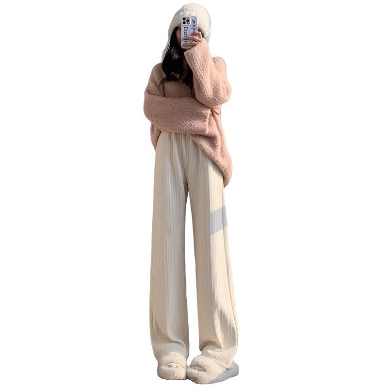 White straight wide-leg pants women's spring and autumn thin loose outer wear vertical casual chenille straight pants
