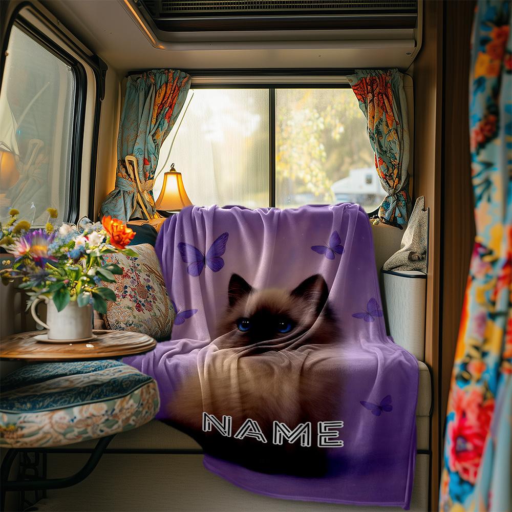 Cute Cat With Blue Eyes And Butterflies Blanketcustomizable With Your Namecomfortable And Stylish Perfect For Travel Beds Chairs Offices Sofas