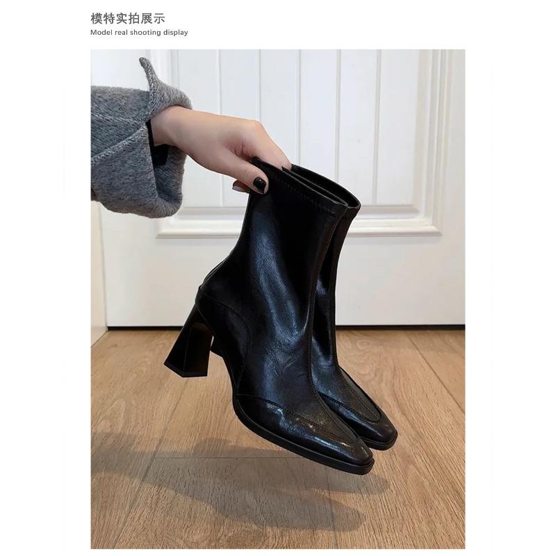 Short Boots Women's High Heels, Autumn and Winter New Thick Heel Square Head Thin Boots Versatile Retro Style Brown Short Boots