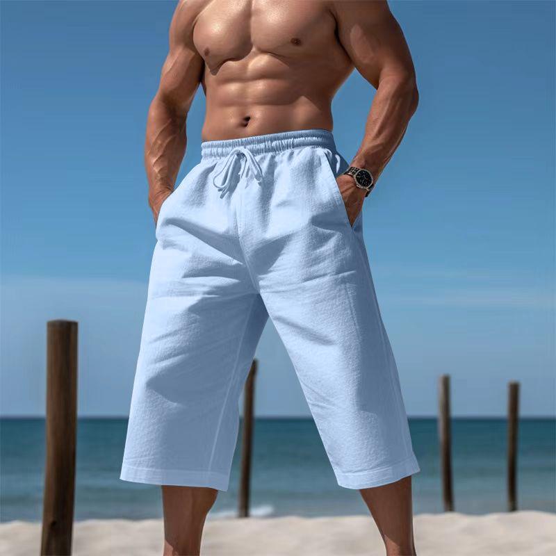 Breathable Lightweight Men Linen Cropped Capri Pants, Elastic Waist Drawstring Wide Leg 7/8 Shorts, Multi Color Casual Beach Pocket Trousers