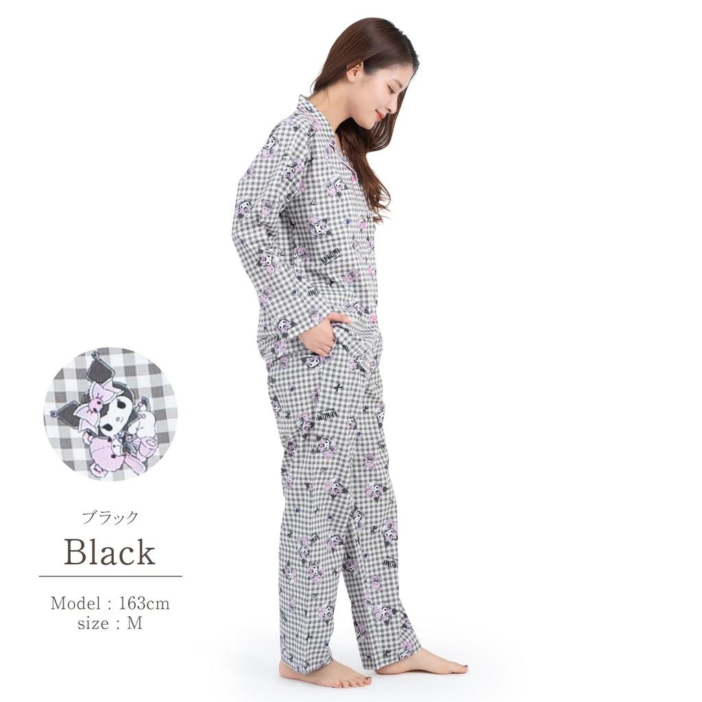 SAZAC Kuromi Gingham Pajama Cotton Long Sleeve and Loungewear Set, 100% Broadcloth, Women's Pants, (Black/M/SAN1782)
