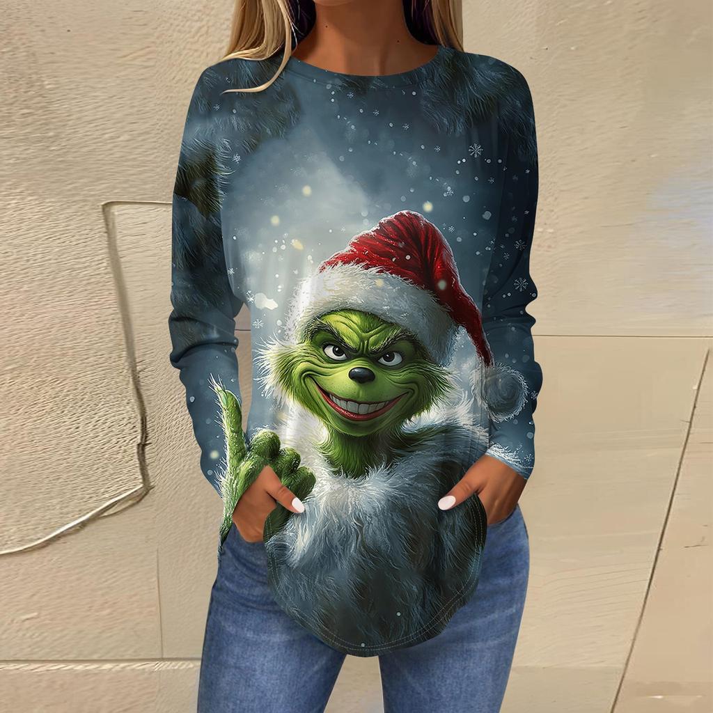 Women's Loose Round Neck Print Long Sleeve T-Shirt Top Pullover