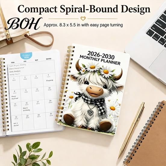 Personal Goal Tracker Milestone Journal 2026?2030 5?Year Monthly Planner, Cute Highland Cow Cover Calendar Notebook, Portable Daily Responsibility