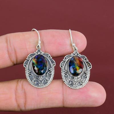 Серьги с граненым аммолитом, серьги с драгоценными камнями, ювелирные изделия ручной работы, серьги из стерлингового серебра 925 пробы, винтажные серьги, подарки на годовщину, ювелирные изделия с камнями по рождению