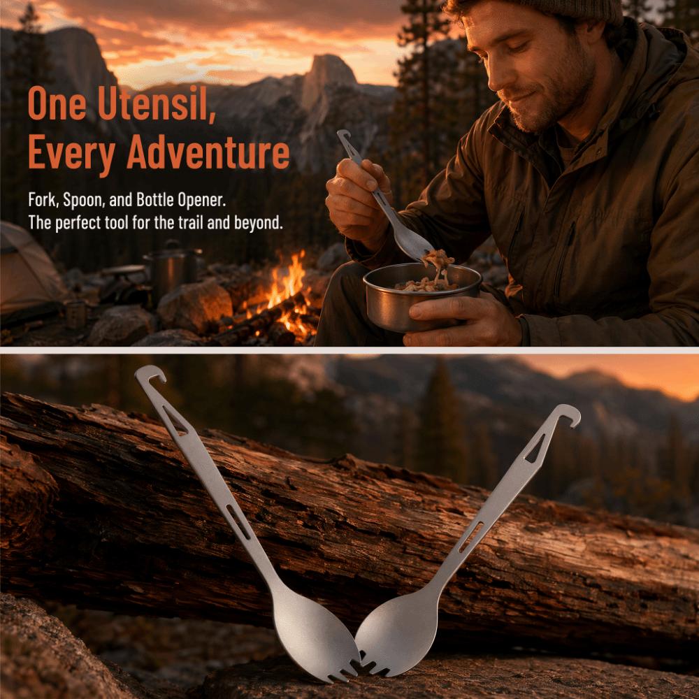 2 Pcs 3-in-1 Titanium Spork With Tail Hook Outdoor Spork Durable Camping Cutlery  For Camping