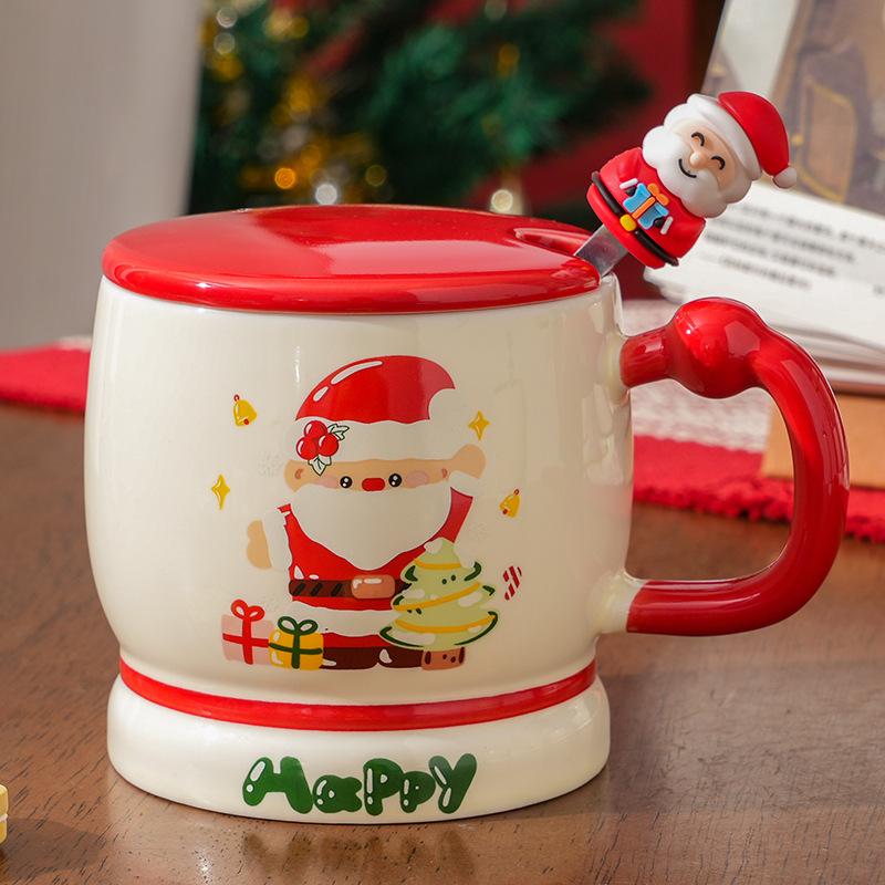 Christmas Creative Santa Mug Cartoon Christmas Tree Ceramic Cup Gift Water Cup With Lid Spoon