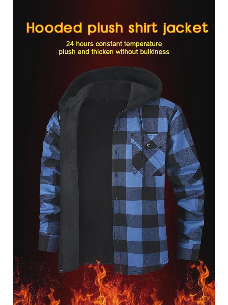 Plus Velvet Hooded Plaid Men's Long Sleeve Shirt - Large Size, Warm Casual Wear for Autumn/Winter 2025