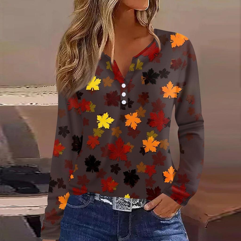 Жен. Футболка Футболка на пуговицах с длинным рукавом Повседневные Выходные Мода Классический Топ с v-образным вырезом Обычный