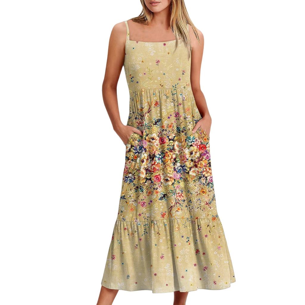 Женское длинное пляжное повседневное элегантное платье макси на тонких бретельках с цветочным принтом, струящееся платье в стиле бохо