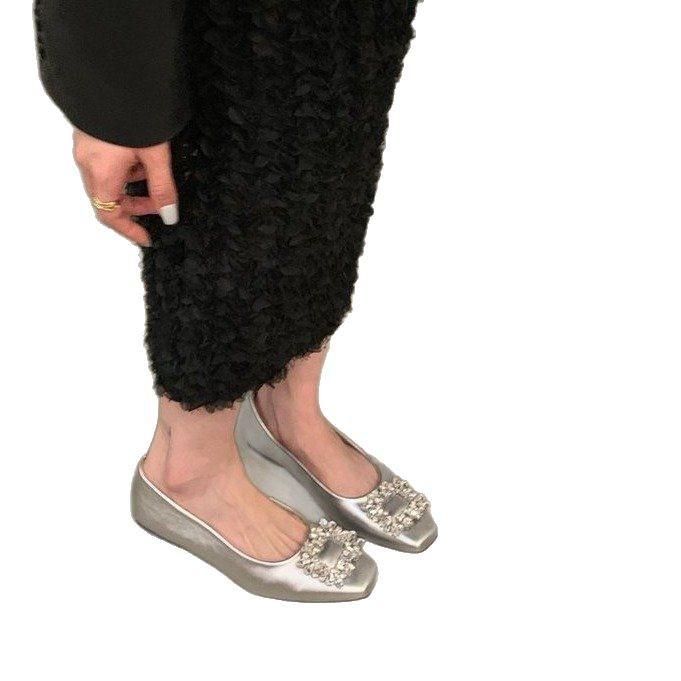 Туфли-лодочки на плоской подошве с квадратным носком и стразами, женская обувь, весна 2025, новые черные туфли для работы