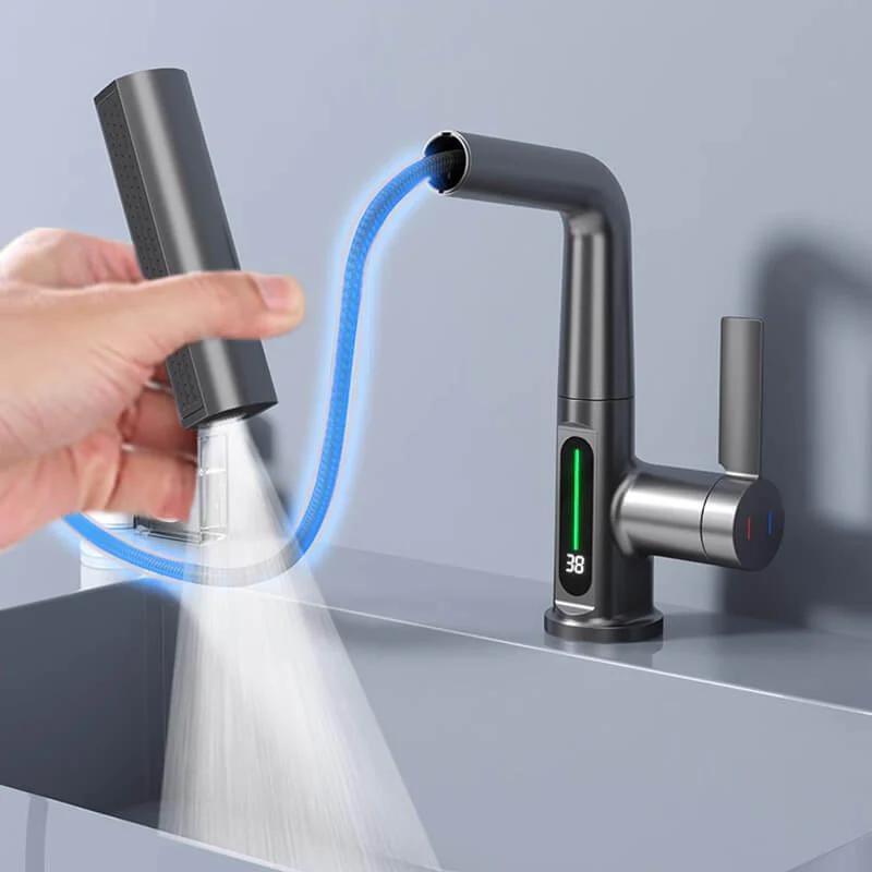 Pulling Lifting Digital Display Faucet Waterfall Basin Faucet Stream Sprayer Hot Cold Water Sink Mixer Wash Tap For Bathroom