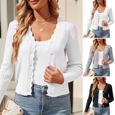 Женский вязаный кардиган с V-образным вырезом на пуговицах, с длинным рукавом, вязаная куртка, однотонные эластичные короткие вязаные топы для повседневной носки