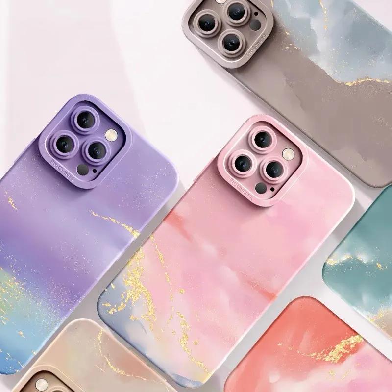 Акварельный чехол для телефона с золочением для iPhone 16 15 14 13 12 11 Pro Max Mini X XR XS MAX SE 2020 8 7 15 Plus SE 2022 Мягкая крышка