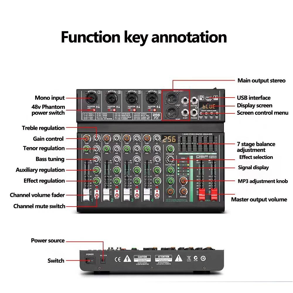 256DSP Outdoor USB Sound Card Home KTV Bluetooth 4/6 Channel Mixer Professional Mixer Audio System 16 Digital Reverberation