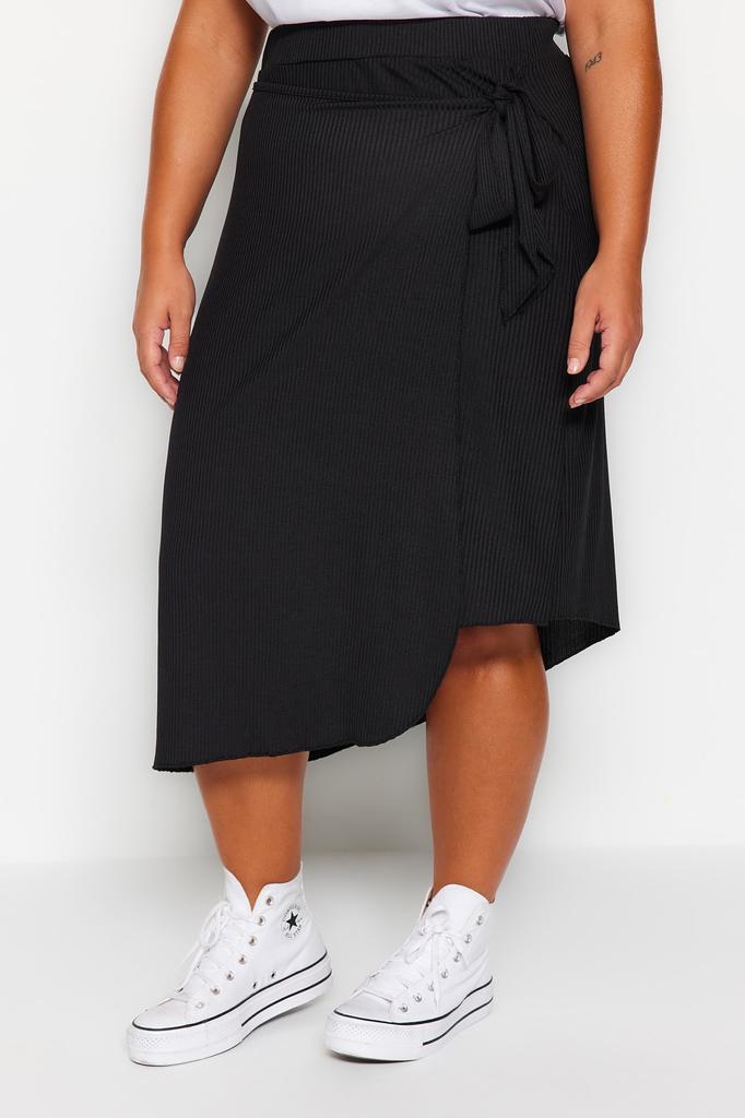 Women's Style Plus Size Black Wrap Side Tie Knitted Skirt