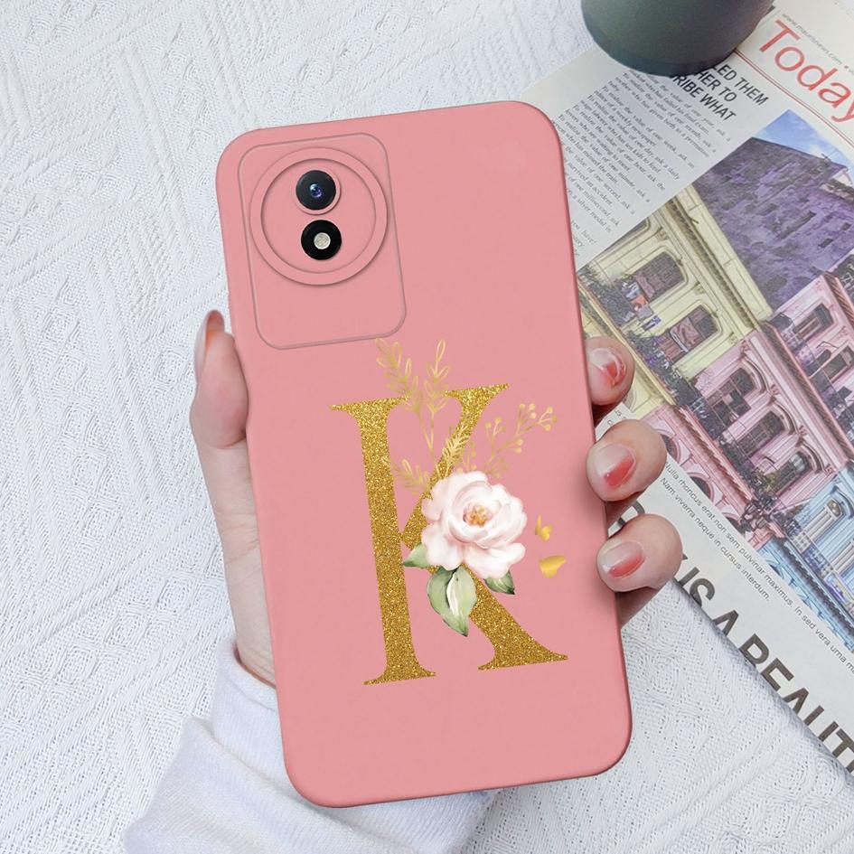 Чехол для телефона Vivo Y02S Y11 Y12 Y15 Y16 Y17 Y19 Y20 Y21 Y30 4G 5G Роскошный защитный жидкий мягкий силиконовый чехол с цветочными буквами для Vivo Bumper Coque