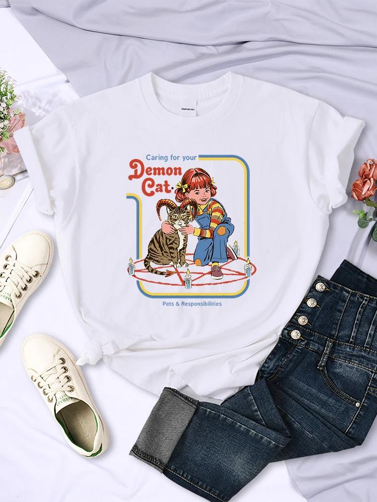 Caring For Your Demon Cat Womens Short Sleeve Personality Casual Tops Breathable Allmath TShirts Street Hip Hop Women Clothing