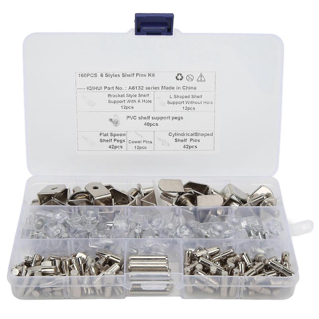 160pcs 6 Styles RV Shelf Pins Kit Nickel Shelf Support Pegs Cylindrical Pins Holder L Shaped Bracket for Cabinets