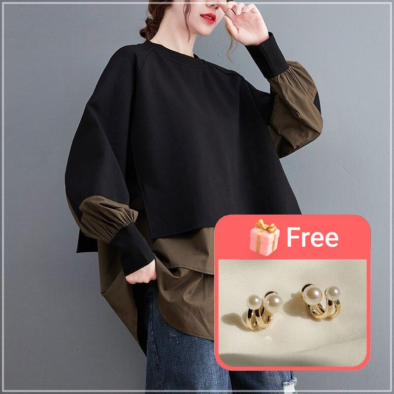 Dimanaf Autumn Lady Casual Shirt Women Clothing Oversize Tops Tees Tunic Loose Casual Long Sleeve Cotton Blouse Black T-Shirt