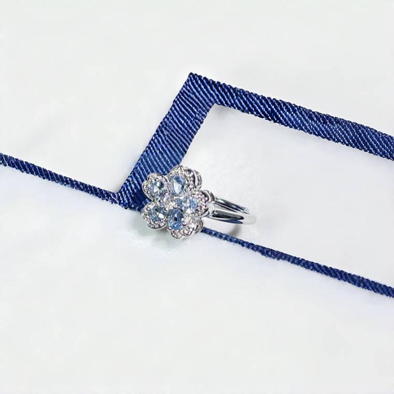 High-End Light Luxury Sea Blue Zircon Exquisite Open Ring Four-Leaf Clover Fashion Women'S Cold Wind Niche Ring
