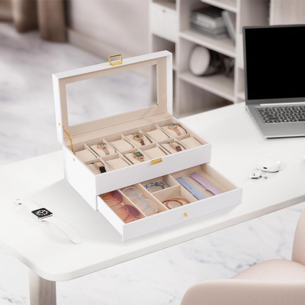 ProCase Чехол для часов с 12 слотами, витрина для часов с часовым кейсом со стеклом, 2-ярусный органайзер для хранения ювелирных изделий, мужская коробка, ящик, мужская крышка,