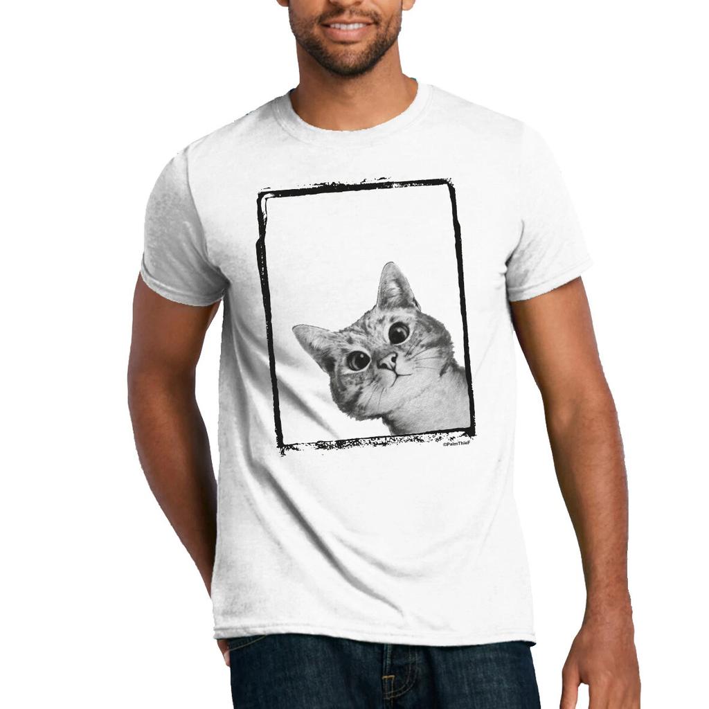 Peeping Cat T-Shirt Puss Tom Cat Pet Lover Cute Close Up Monochrome Animals