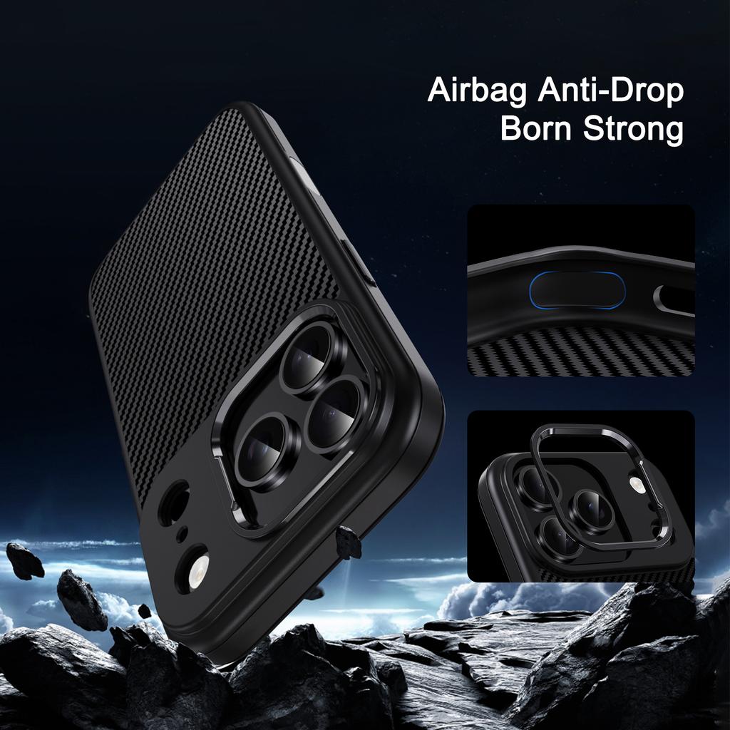 IPAKY Чехол из ТПУ для iPhone 17 Pro Текстура углеродного волокна Чехол для телефона Металлическая рамка для объектива