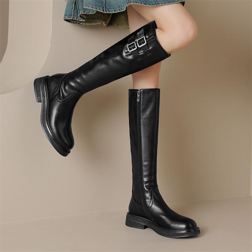 Meotina Женские сапоги до колена из натуральной кожи, сапоги Gogo на толстом среднем каблуке с круглым носком и пряжкой на молнии, женская обувь, зимняя обувь цвета хаки, 40