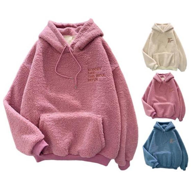 Women Fleece Hoodie Warm Winter Loose Pullover Long Sleeves Thick Letter Embroidery Top Elastic Cuff Drawstring Patch Pocket Fall Fashion