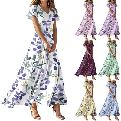 Женские летние повседневные модные однотонные платья с V-образным вырезом и коротким рукавом