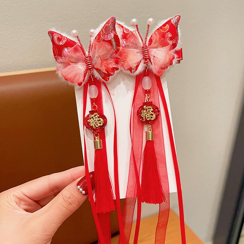 1 пара детских красных заколок-бантов для волос, кавайные аксессуары для волос, заколки для волос с кисточками в виде бабочек, универсальные заколки для волос в старинном стиле