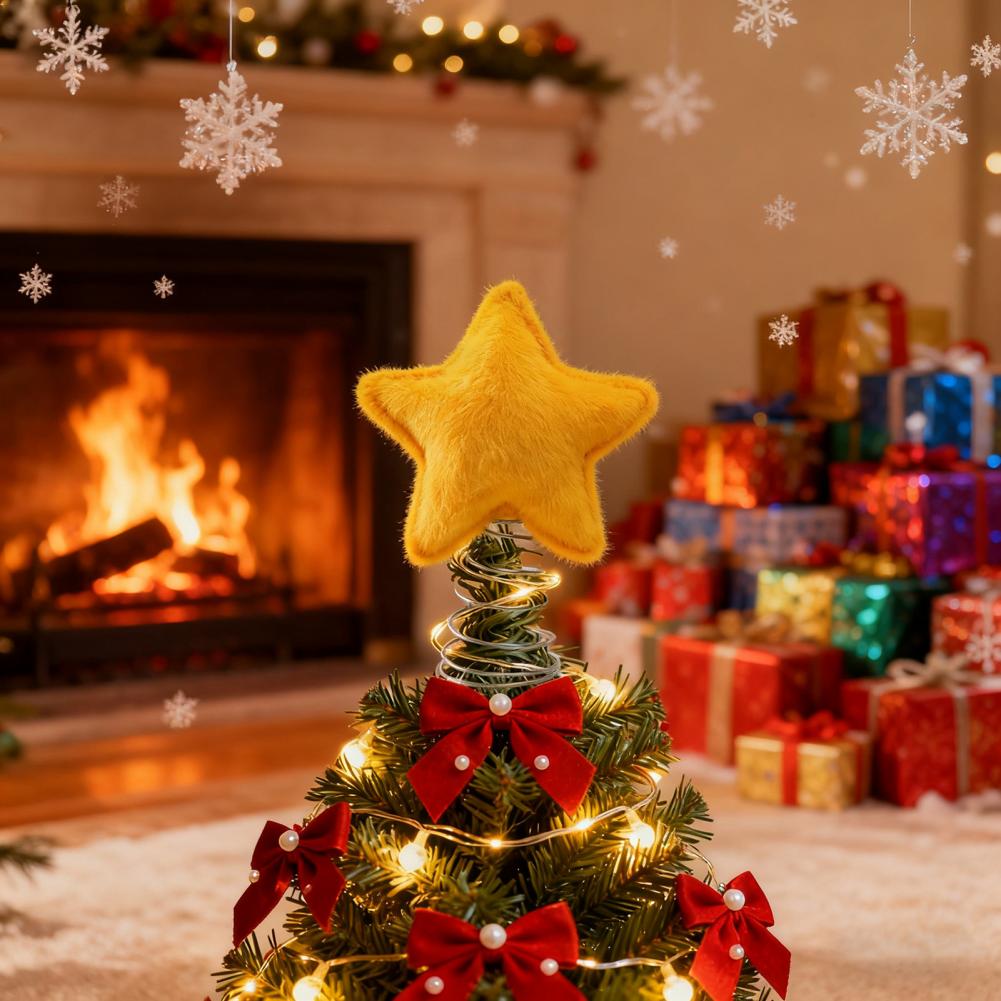 Plush Star Tree Topper Plush Five-pointed Star Christmas Tree Topper Metal Frame Secure Base Traditional Holiday Decor