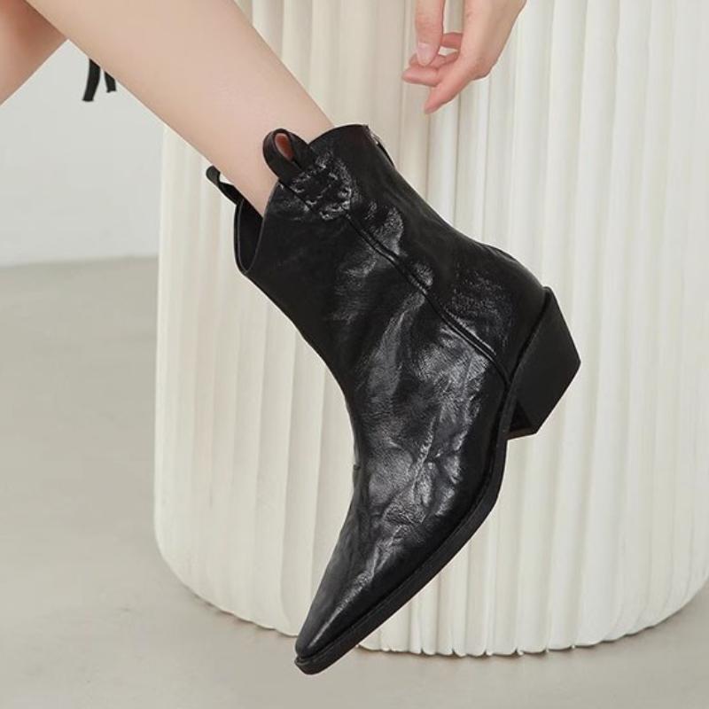 Винтажные женские ботильоны в западном стиле, сплошные, 2024, новые, с острым носком, на молнии, на низком каблуке, женские туфли, шикарные короткие ботинки, дизайн рыцаря