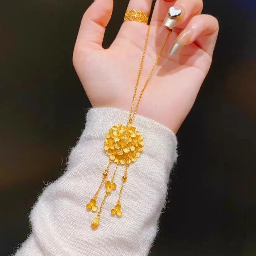 9999 Real Gold 24K Yellow Gold Hydrangea Tassel Necklace Fashion Antique Niche