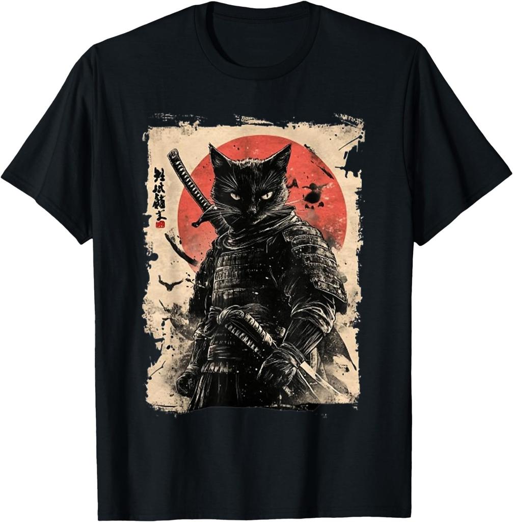 Vintage Japanese Art Anime Graphic Samurai cat Warrior T-Shirt