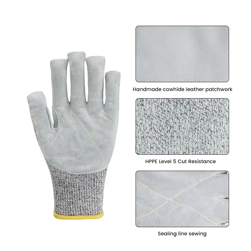 HPPE Leather Level 5 Anti-cut Cowhide Liner Palm Reinforced Anti-puncture Work Safety Gloves