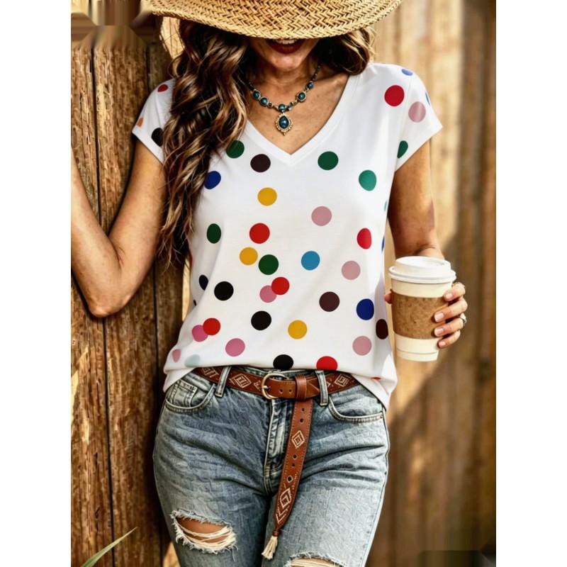 Womens V-Neck Short Sleeve Loose T-Shirt With Colorful Polka Dot Print Casual Oversized Top Daily Wear