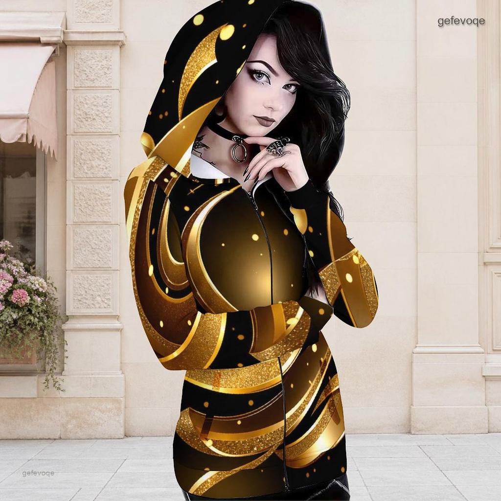 Women Plus Size Fitted Long Sleeve Hooded Top Black Gold Geometric Printed