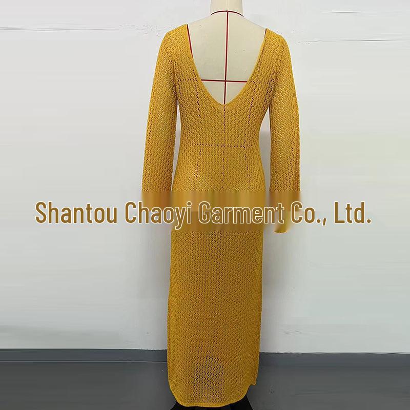 European-American V-Neck Hollow Texture Long-Sleeve Beach Dress