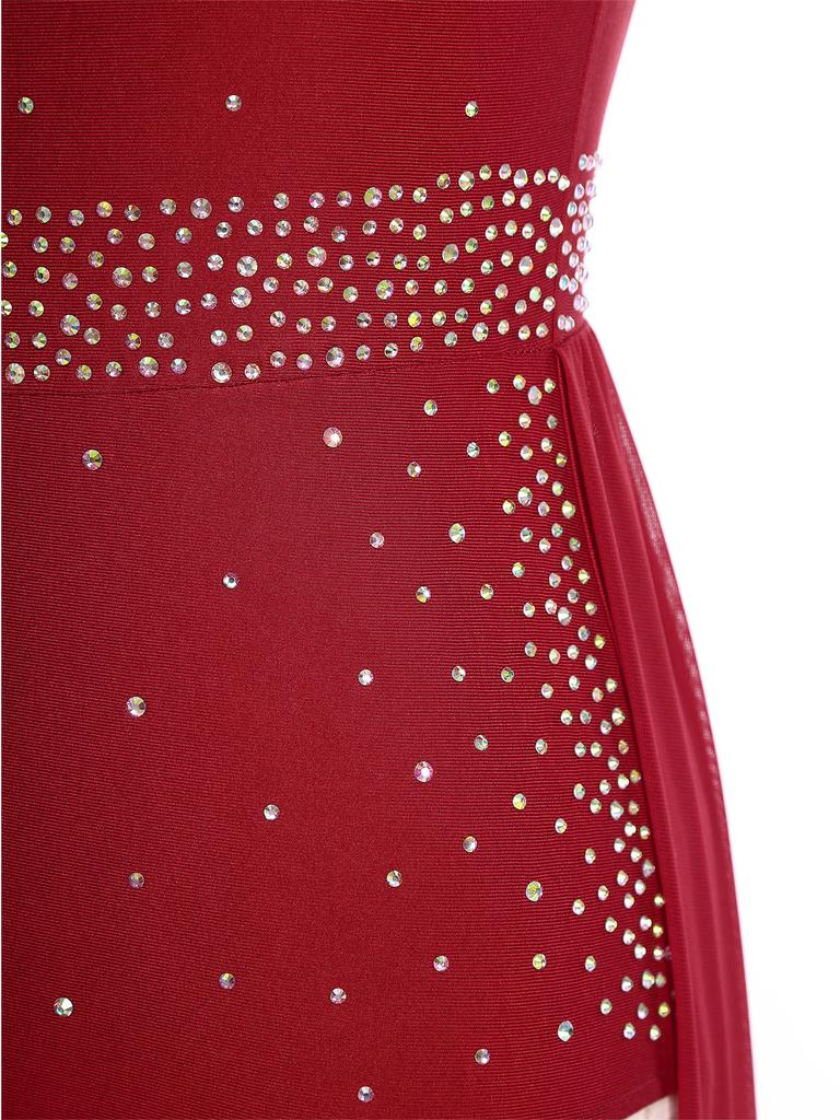 Womens Lyrical Dance Dress Glittery Rhinestones Asymmetrical Shoulder Sleeveless Split Sheer Mesh Performance Gown