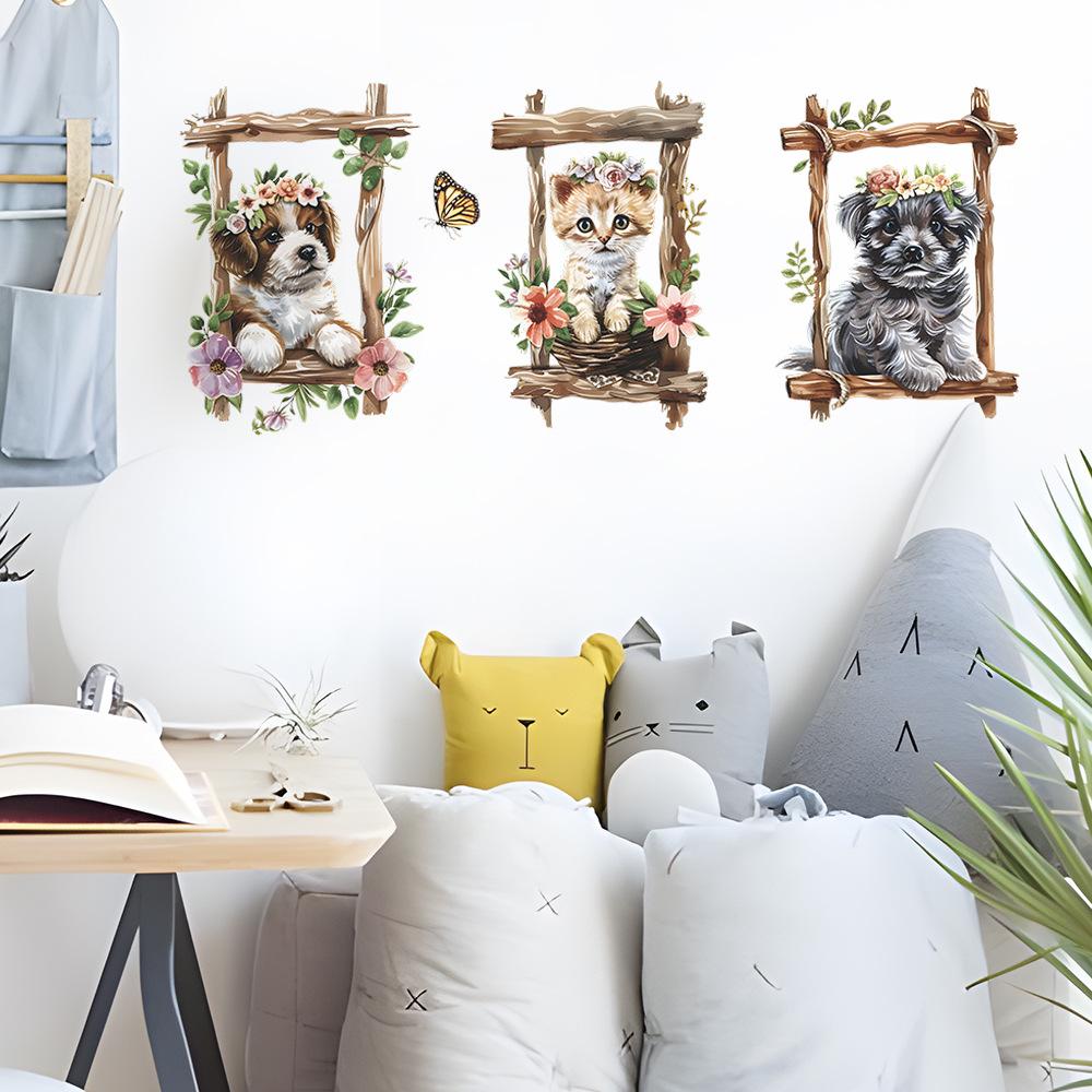 Мультяшный Кот Собака Триптих Рамка Наклейки на Стену Набор Самоклеящиеся для Детской Комнаты Настенный Декор