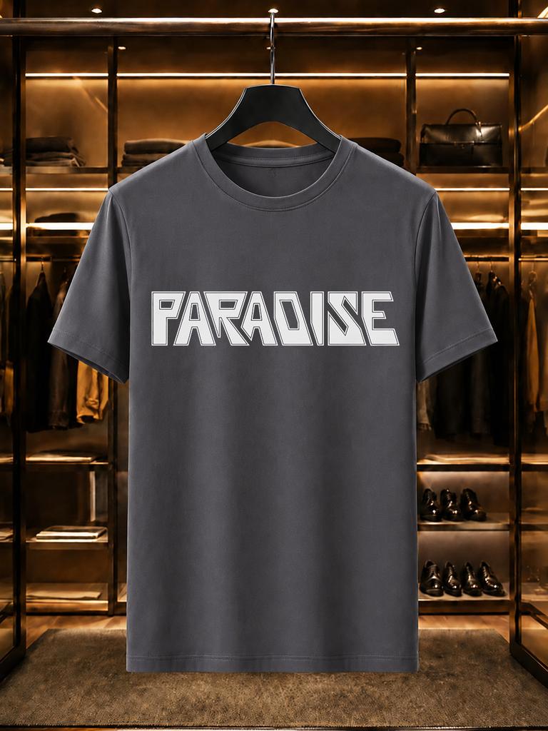 2026 New 100 Cotton Tshirt Paradise Bold Block Letter Print Tee Vintage Minimalist Streetwear Casual Short Sleeve