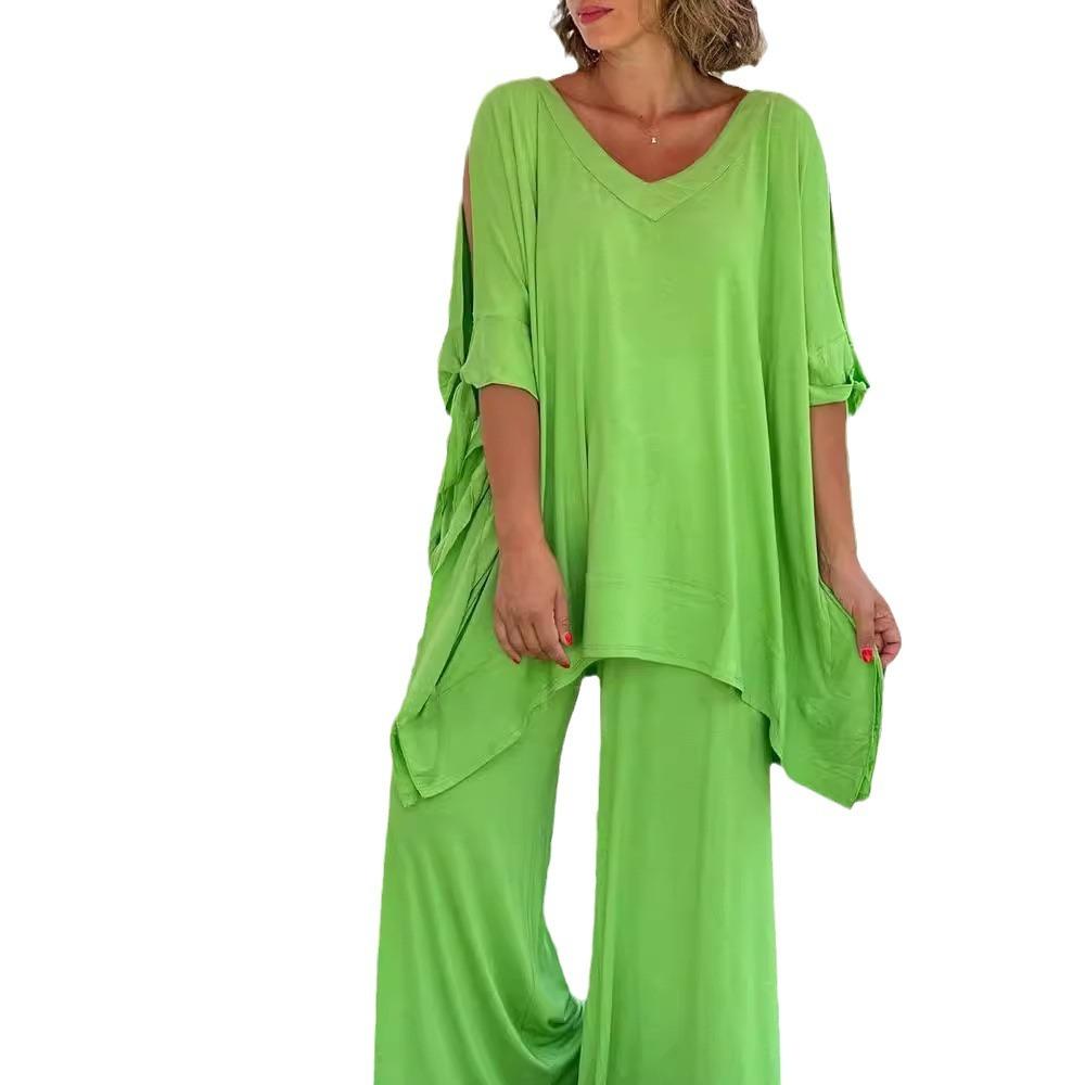 Женский свободный комплект из двух предметов в стиле бохо, повседневный свитер с коротким рукавом и широкими брюками, летние наряды свободного покроя