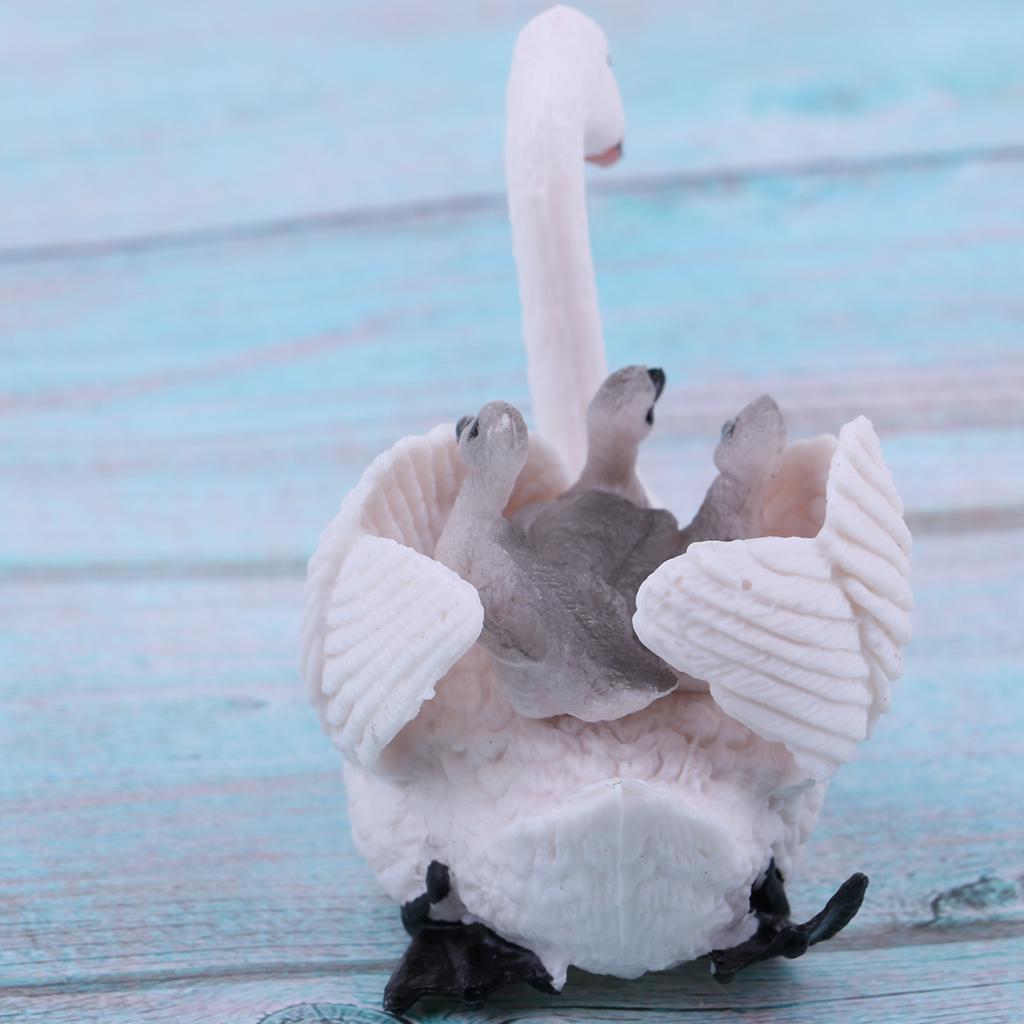 White Swan Figure with Babies On Back Animal Model Set Toy Home Ornaments