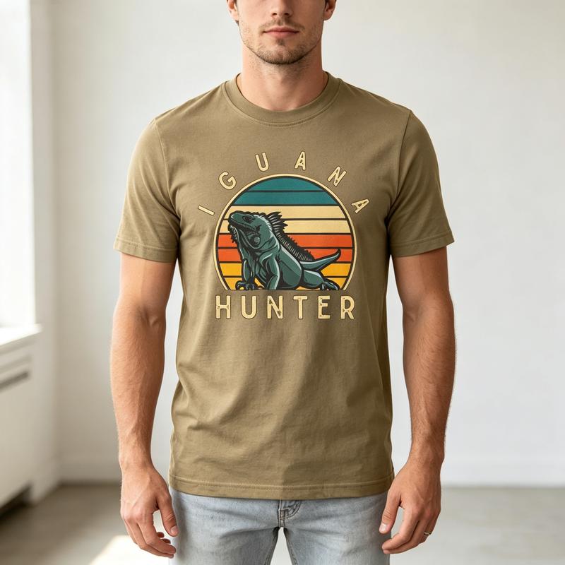 Vintage Iguana Hunter Funny Reptile Lover Unisex Tshirt Retro Sun Lizard Print Soft Cotton Crew Neck Unisexs Top Harajuku