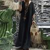 Women Summer Maxi Dress V Neck Horn Sleeves Lace Crochet Patchwork Loose Solid Color Straight Pleated Vintage Soft Breathable Casual Daily Dress