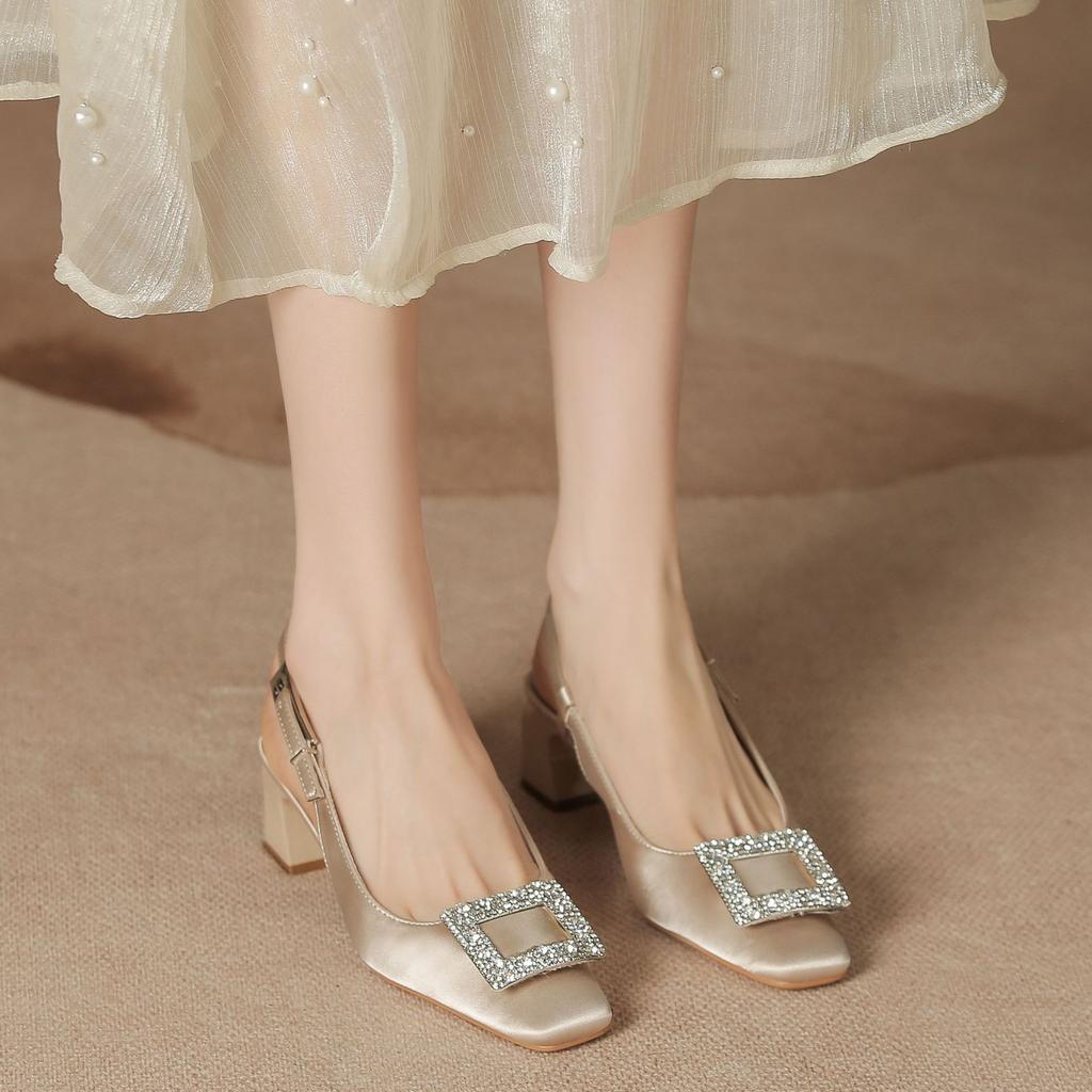 Spring and summer square head high heel empty shoes thick heel French shoes summer fashion versatile sandals women's satin rhinestone shoes